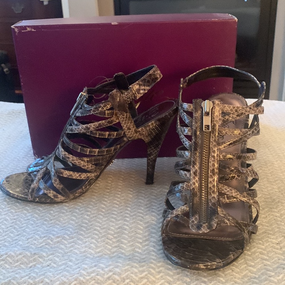 Fergie worn once gray vegan snake strap high heel sandal